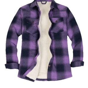 Women's Sherpa Lined Purple Flannel Shirt Jacket Button Down Plaid Fuzzy Soft